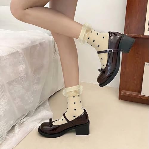 Image of 6 Pairs Women Big Ruffle Dot Socks Turn Cuff, Double Lace Ankle Frilly Socks for Women Ladies(White, Cream Yellow, Yellow, Pink, Grey, Black)