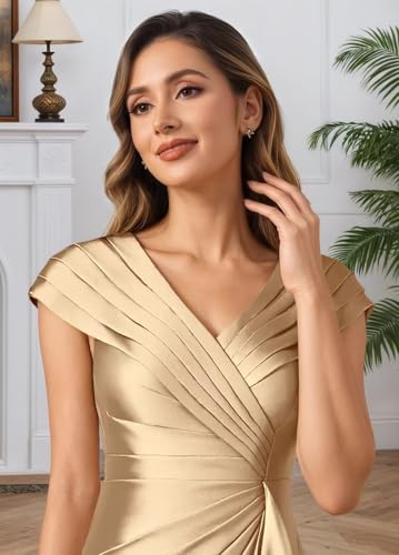 Satin Mother of The Bride Dresses for Women V-Neck Ruffle Long Formal Wedding Guest Dress with Slit4
