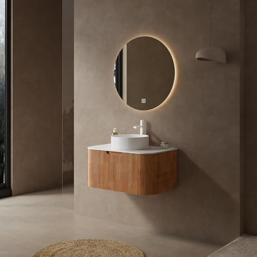 Image of KEIKI 30 inch Bathroom Vanity Cabinet with Sink Combo, Wall Mounted Curved Edges Striped Floating Bathroom Vanity with Soft-Close Drawer, White Round Ceramic Basin Without Faucet, Natural Wood
