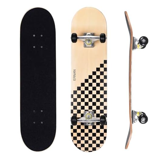 ERNAN Skateboard,Monopatín Completo Profesional de 31 x 8 Pulgadas,7 Capas Monopatín de Madera de Arce con Rodamiento ABEC-7 para Niño Niña/Adulto Principiante. Completo Skateboard. (Wood Check)