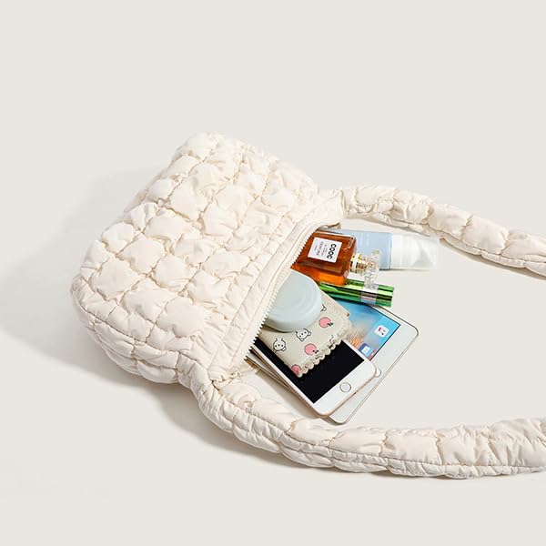 Image of Puffer Underarm Handbag For Women, Small Cute Designer Hobo Bag, Quilted Padding Bags, Soft Nylon Puffy Purse