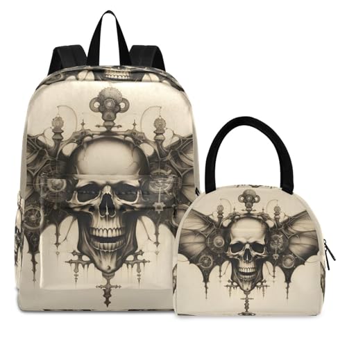 Backpack Lunch Bag Set Steampunk Skull Print, Big Storage Travel Backpacks with Insulated Lunch Box for Office Hiking Picnic - Main Image