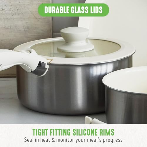 GreenLife 10 Piece Stainless Steel Pots and Pans, Detachable & Stackable Kitchen Set, Tri Ply Ceramic Nonstick PFAS Free Cookware, Space Saving with Removable Handle, Induction & Oven Safe, Glass Lid - Image 10