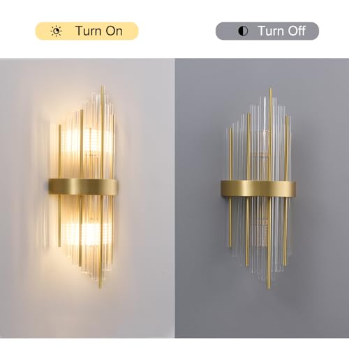 Image of Modern Brushed Titanium Gold Wall Sconce, Clear Glass Crystal Luxury Wall Light with Two E14 Bulbs, for Bedroom, Living Room, Bathroom Mirrors, Dressing Table, Bedside Table, Staircase, and Hallway
