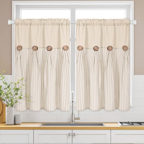 ASPMIZ Boho Linen Kitchen Curtains 36 Inch Length, Farmhouse Kitchen Window Curtain Over Sink, Khaki Striped Short Curtains for Small Windows, Bathroom, Rod Pocket Window Treatment Tiers with Button