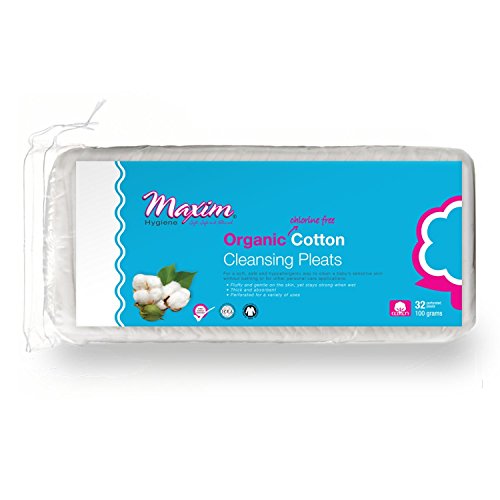 Maxim® 100% Certified Organic, Biodegradable. Hypoallergenic Cotton Cleansing Pleats, Easy Closure Drawstring Packaging, No GMO, Cruelty Free, 32 Count, 1 Pack