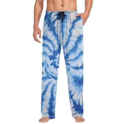 Blue Tie Dye Mens Pajama Pants, Loose Lightweight PJs Lounge Sleep Bottoms with Pockets Drawstring4