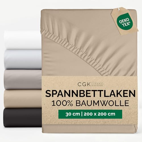 Spannbettlaken 200 x 200 cm Baumwolle - Mako Satin 400 Fadenzahl - Für Matratzen bis 30 cm (12) - Hotelqualität Spannbetttuch - Knitterfrei, Pflegeleicht, Atmungsaktiv & OEKO-TEX Zertifiziert - Creme