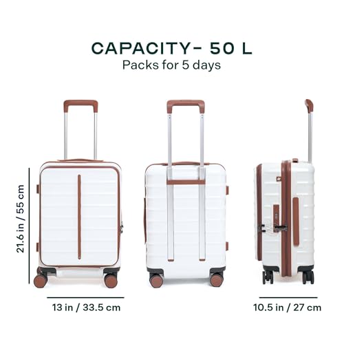 Image of THE ASSEMBLY Polycarbonate 8 Spinner Wheel Odyssey Pro 55 cms Hard Shell Lightweight Luggage with Laptop Compartment & 3 Packing Organizers | Unbreakable Suitcase | 50L | White, Cabin Size