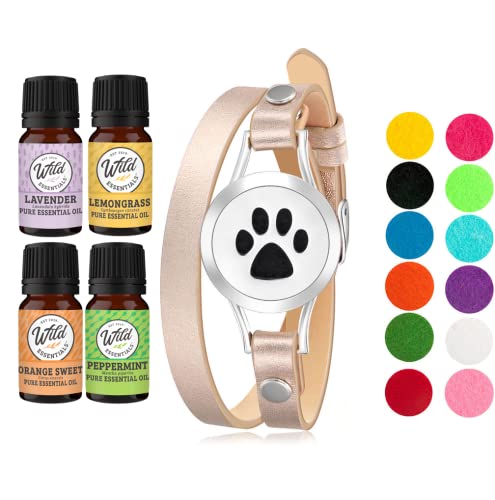 Wild Essentials Dog Paw Essential Oil Leather Wrap Bracelet Diffuser Kit, Gift Set, Lavender, Lemongrass, Peppermint, Orange Oils, 12 Pads, Customizable Color Changing Perfume Jewelry, Aromatherapy