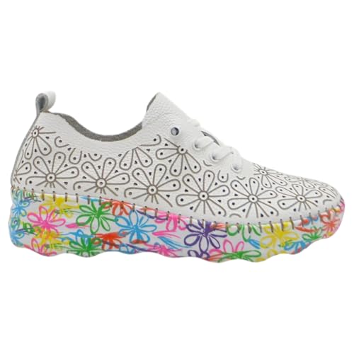 The Happy Monk - CALPE Zapatilla Mujer Piel Blanca con Flores Grabadas Láser, Cordones Elásticos, Cuña 4 cm y Plantilla Memory Foam Extraíble Mujer Color: Multicolor Talla: 38