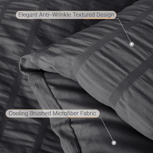 Image of MUXHOMO 7 Pieces King Comforter Set, Seersucker Bed in a Bag King Size, All Season Luxury Bedding Set with Comforter, Flat Sheet, Fitted Sheet, Pillowcases & Shams, Dark Grey