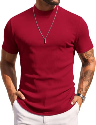 COOFANDY Mens Mock Turtleneck Sweater Short Sleeve Slim Fit Turtle Neck Sweaters Casual Basic Tee Ribbed Knit Pullover Tops Dark Red Small