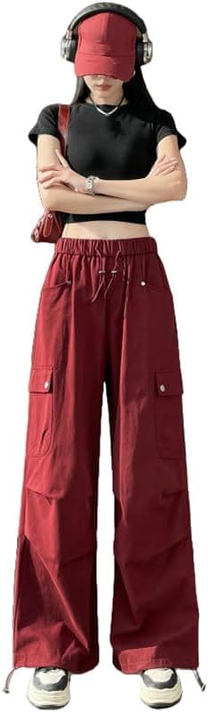 JYHBHMZG Women's American Style Spring Silk Cotton Cuffed Hem Wide Leg Casual Sports Cargo Pants