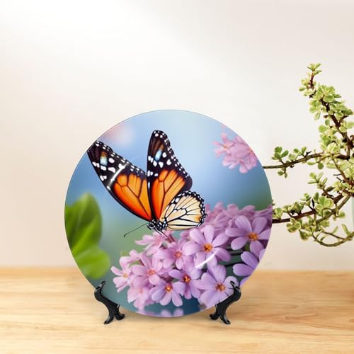 Assiette décorative en céramique avec support de présentation papillon fleurs