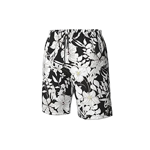 Elegant Flowers Floral Black White Vintage Mens Swim Trunks Beach Shorts Summer Sports Running Bathing Suits2