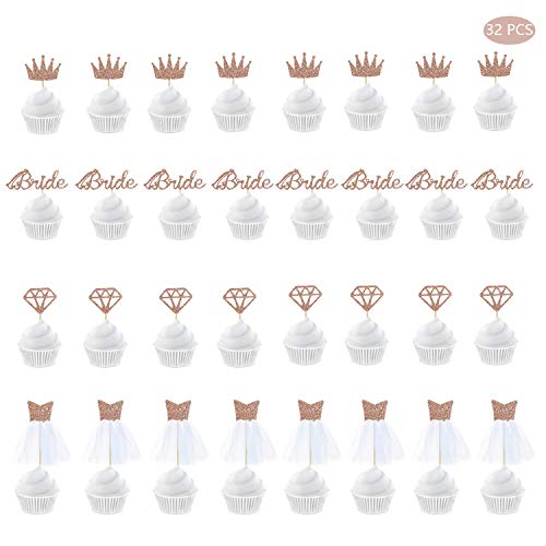 32 Rose Gold Glitter Bride To Be Cupcake Toppers With Diamond,Crown,Bride,3D Tulle Dress Cupcake Toppers For Bridal Shower Supplies, Wedding Engagement, Bachelorette Party Decorations #TOP2