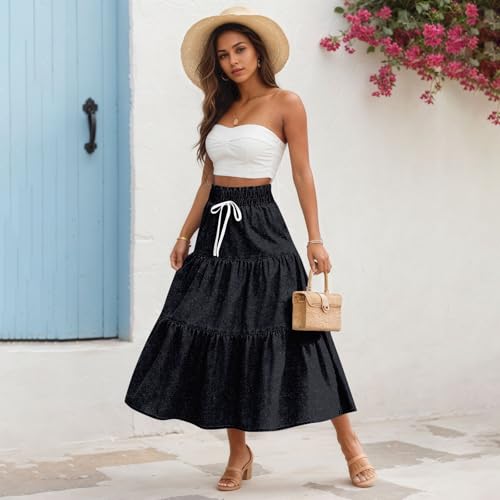 Denim Dress for Women, Summer Retro Elastic High Waist Tie Frayed A-Line Maxi Denim Skirt with Pockets2