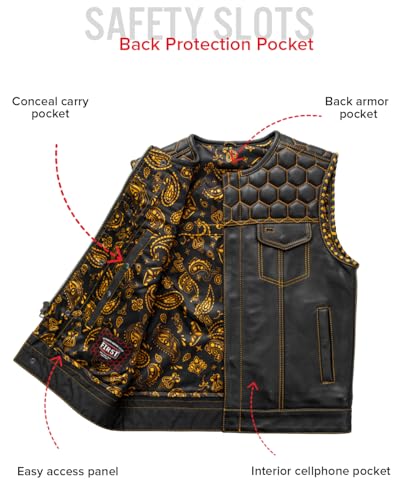 First Mfg Co Hornet Men's Motorcycle Premium Vest, Beehive Stitch, Rolled Collar, Conceal Carry Pocket, Honeycomb Quilted Top3