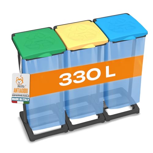 AKITAInk - Portasacchi Raccolta Differenziata 330L | Pattumiera 3 Scomparti Multicolore con Porta Rotolo, Coperchi Impermeabili Anti Odore, Polipropilene Resistente Made in Italy - 94,5x36x81 cm