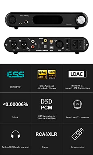 Image of Topping DX7 Pro+ DAC HiFi ES9038PRO NFCA Headphone Amp I /V ConversionUSB /Bluetooth5.1 /Coax /Opt /AES /IIS Input RCA /XLR 4 Pin XLR 4.4mm /6.35mm DSD512 /768kHz Audio Amplifier(Black)