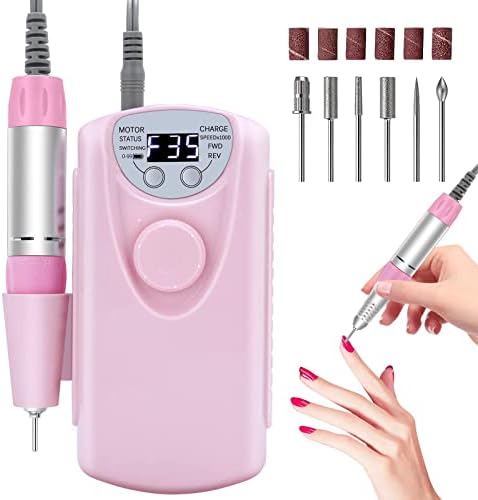 Portable Electric Nail Drill-- 35000RPM Professional Rechargeable Nail File Machine, Cordless Nail Drill E File for Remove Gel Polish Nail for Acrylic Nails Manicure Salon Home with Bits Kit, Pink1