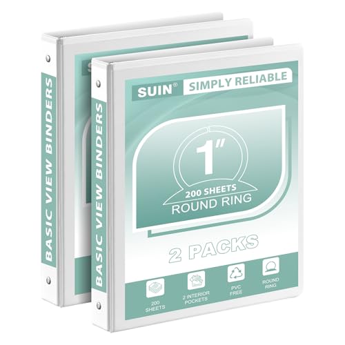 SUIN 1-Inch 3-Ring-Binder Customizable Clear View Cover for US Letter Size 8-1/2 x 11 Perfect for Office/School (White - 2 Packs)