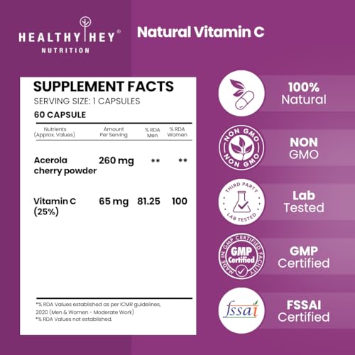 HealthyHey Nutrition 100% Natural Vitamin C from Cherry, 60 Veg Capsules — Vitamin C Supplements - image 2