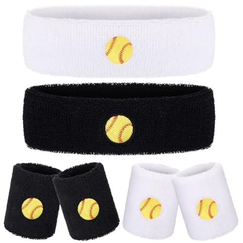 Daifunli 6 Pcs Softball Sweatband Set Sports Headband Wristband Set 4 Moisture Wicking Athletic Sweatbands and 2 Headbands Wrist Sweatband Terry Cloth Sweat Absorbing Head Band (Black, White)