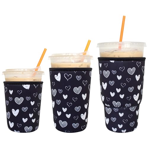 Image of 3 Pack Reusable Iced Coffee Sleeves - Xumbtvs Insulator Sleeve for Cold Beverages, Neoprene Coffee Cup Holder (Heart)