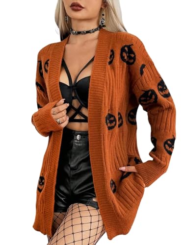 SweatyRocks Womens Halloween Pumpkin Cardigan Long Sleeve Open Front Knit Outwear Burnt Orange Small