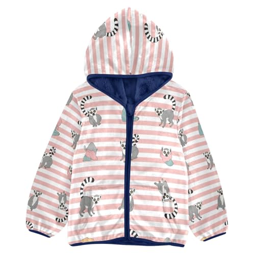Lemur Pattern on Pink Stripes Toddler Fleece Jacket Girl Boys Hooded Fleece Jacket Coat Warm Outwear Zip-up 3-10T