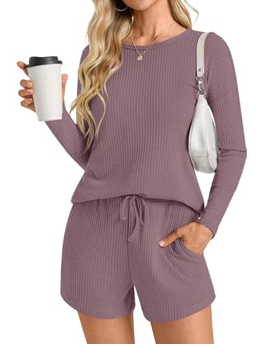 Image of Anydoll Womens Pajama Sets Waffle Knit Lounge Sets Long Sleeve Top and Shorts 2 Piece Loungewear with Pockets
