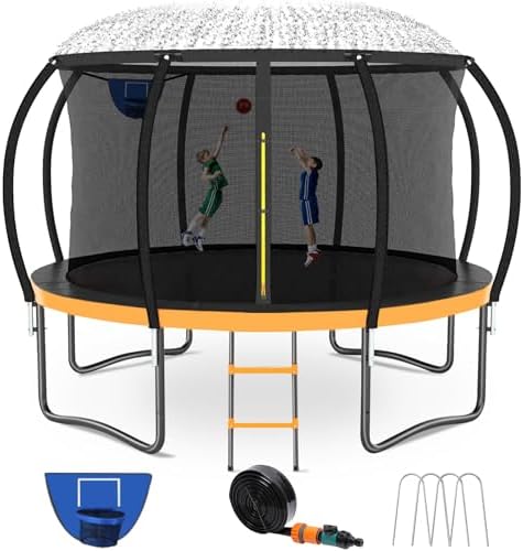 Kiivakii Trampoline 12 14 16FT, Outdoor Big Trampolines for Kids and Adults, Recreational Trampolines with Basketball Hoop and Stakes, Big Round Trampoline with Sprinkler for Backyard