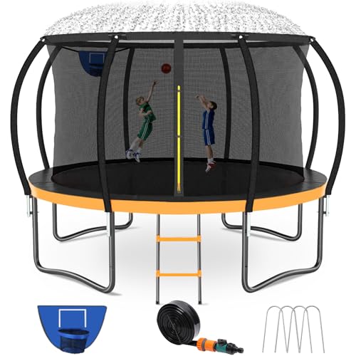 Kiivakii 14FT Trampoline, Outdoor Trampolines for Kids and Adults, Recreational Big Trampoline with Basketball Hoop, Round Trampoline with Sprinkler for Backyard, ASTM Certified, Orange