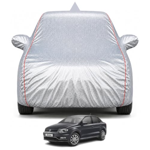 Image of Premium Car Cover For Volkswagen Ameo Model | 100% Waterproof, UV & Dust Protection full body cover | Mirror & Antenna Pocket | Triple Stitched,Soft Inner Lining, Belt & Buckle (Metalic Silver)