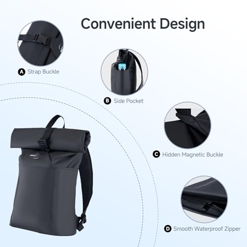Rolltop Backpack for Men Women, Lightweight,PU Waterproof Bag Laptop Backpack Fits 16 inch Laptop Large Capacity Adjustable 23L for Travel Sports Work University Camping School Season,Black3