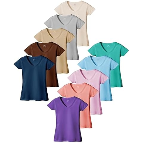 Sexy Basics Women's 5 & 10 Pack Casual & Active Cotton Stretch V Neck Short Sleeve Shirts (Large, 10 Pack- Assorted Color Blast) Cover