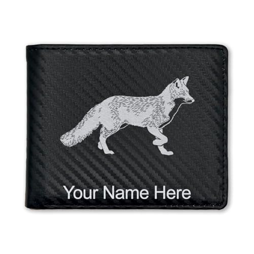 LaserGram Faux Leather Bi-Fold Wallet, Fox, Personalized Engraving Included (Carbon Fiber Black with Silver)