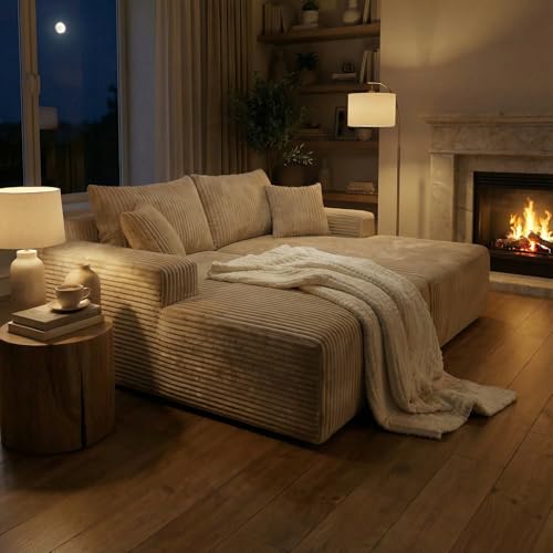 Image of Sytopia Loveseat Chaise Lounge with Armrests, Oversized Sofa Bed with 4 Pillows, Cozy Boneless Sleeper, Modular Sectional Couch for Living Room Bedroom, Floor Chair Furniture sala Corduroy