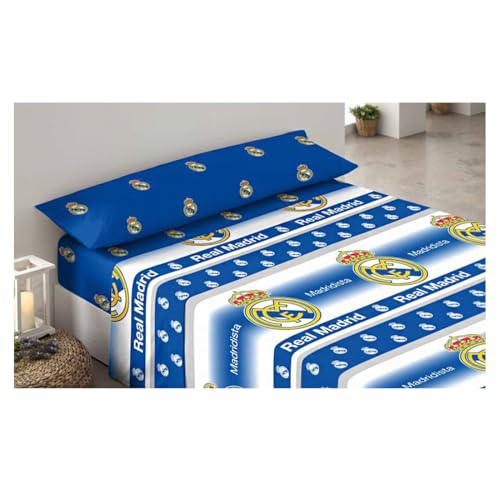 Juego de Cama R. Madrid de Fútbol, 3 Piezas (Bajera, Encimera y Funda de Almohada), Sábanas del Madrid, Regalo R Madrid, Oficial Fútbol Madrid, (Modelo 2, 90 cm)