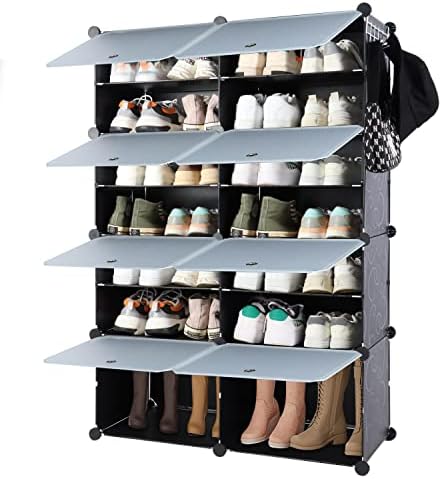 SILVER VALLEY Portable Shoe Rack Storage 7 Tier Shoe Storage Cabinet 28 Pair Plastic Shoe Shelves Organizer, Adjustable Stackable Detachable Free Standing Shoe Rack DIY(Black, 2x7 Tier 122x82x32cm)