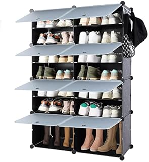 SILVER VALLEY Portable Shoe Rack Storage 7 Tier Shoe Storage Cabinet 28 Pair Plastic Shoe Shelves Organizer, Adjustable Stackable Detachable Free Standing Shoe Rack DIY(Black, 2x7 Tier 122x82x32cm)