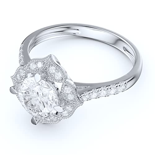 14k White Gold Vintage Milgrain Romantic Petals Halo 1.0 CT Simulated Diamond or Genuine Moissanite Engagement Ring3