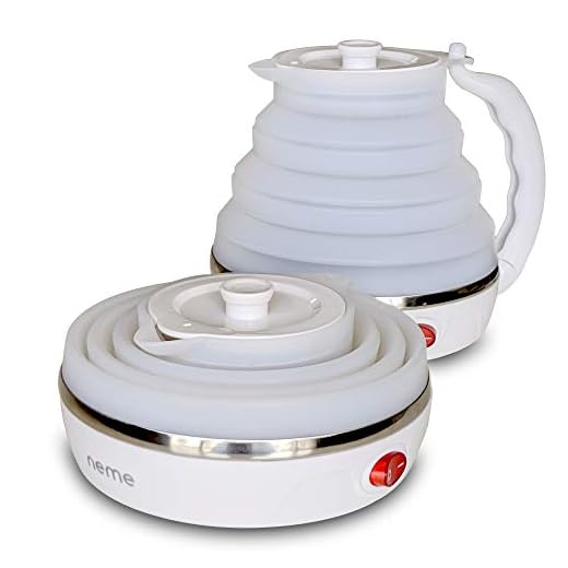 NEME Travel Foldable Electric Kettle - Collapsible Water Boiler For Coffee Tea- Food Grade Silicone - Dual Voltage 110-220V - Detachable Power Cord - Portable Kettle 600ML (White)