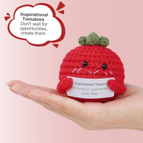 Aolso Lustige Positivitäts-Strickpuppe, gestrickte Puppe mit Positivitätskarte, Glücksgeschenk, lustiges Geschenk, Positivitätspuppe, Taschenumarmung, Geburtstagsgeschenk, Party-Dekoration (Tomate)