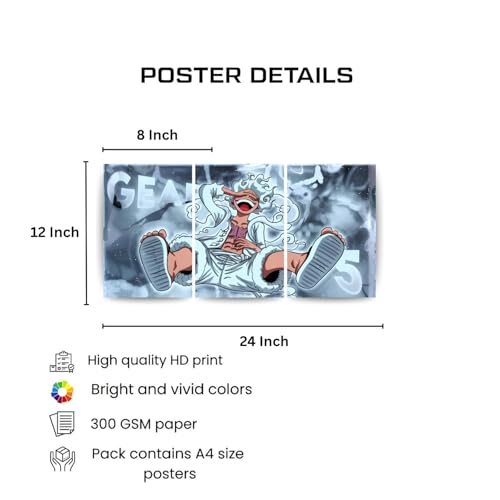 Image of One Piece Anime Manga Poster, One Piece Character Design Wall Poster 3 Panal - A4 Size, 300 GSM, Wall Decor Posters Wall Art For Bedroom, Living room, Office, Dining Room,No Frame (Luffy-5)