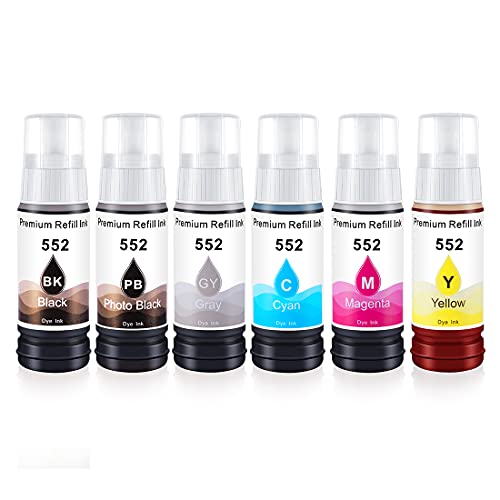 Omera Compatible Refill Bottle Ink Replacement for 552 T552 Work for EcoTank Photo ET-8550 ET-8500 All-in-One Wide-Format Supertank Printer (BK/PBK/ C/M/Y/GR 70ml, 6-Pack, for Daily Printing)