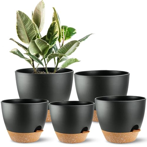 SE Sun-E Maceta de riego automático con Agujero de Drenaje, macetas de Flores para Todas Las Plantas de Interior, macetas Modernas de plástico Negro con riego automático para suculentas, Juego de 5