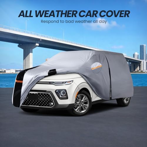 Image of Multi-Layer Car Cover Custom Fit for Kia Soul(2009-2026), 100% Waterproof All Weather for Automobiles, Gift with Towel, Heavy Duty Car Covers for Rain Sun UV Protection with Door Zipper